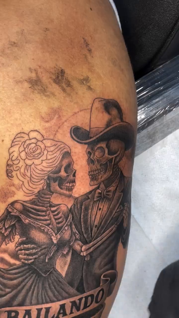 Dancing skeletons in formal wear realism tattoo by Noriega Josué