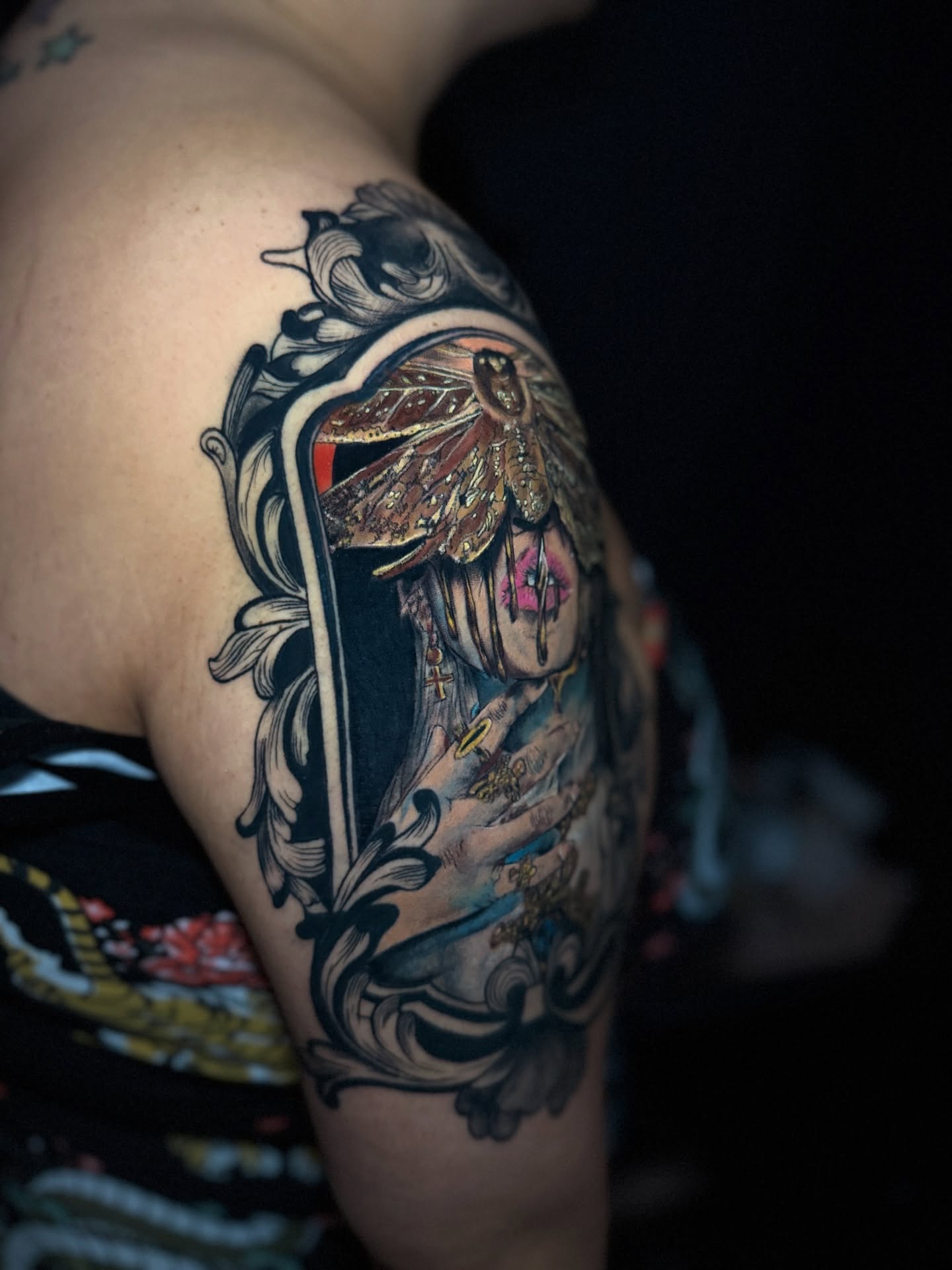 Moth and woman neo-traditional tattoo on the shoulder by Jackse π§πΌββοΈ Tattoos π§πΌββοΈ