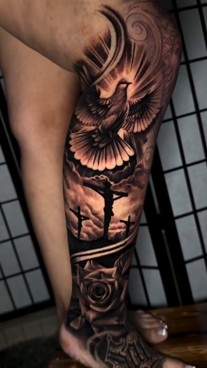 Dove, crosses, and rose realism tattoo by Anthony Ramirez