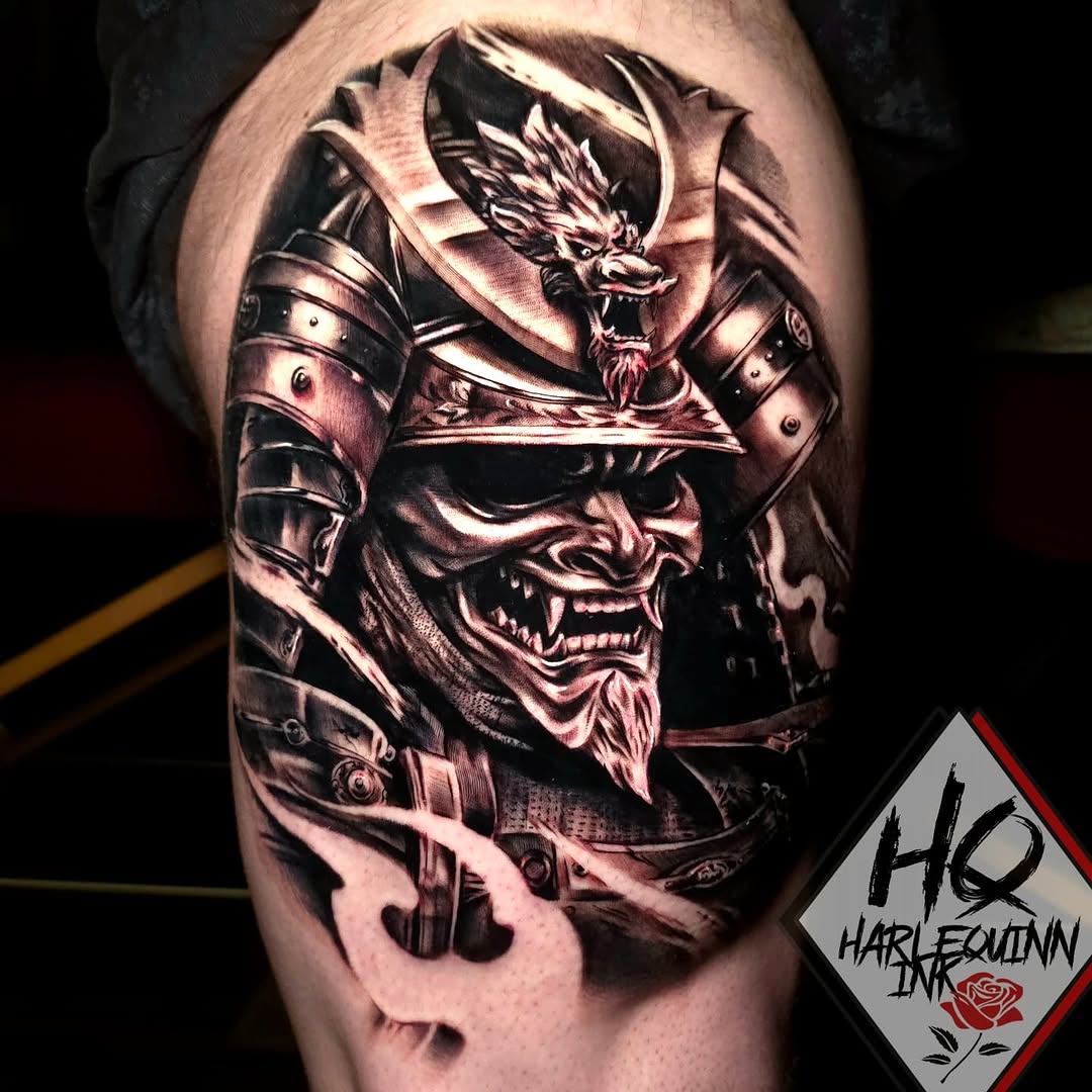 Samurai helmet with dragon Japanese tattoo on the thigh by HarleQuinn_Ink