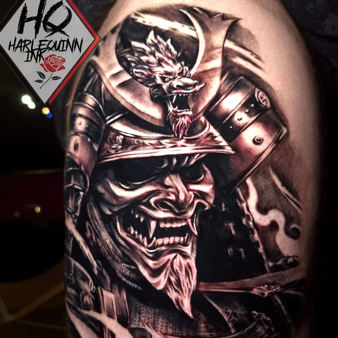 Samurai mask and dragon Japanese tattoo on the shoulder by HarleQuinn_Ink