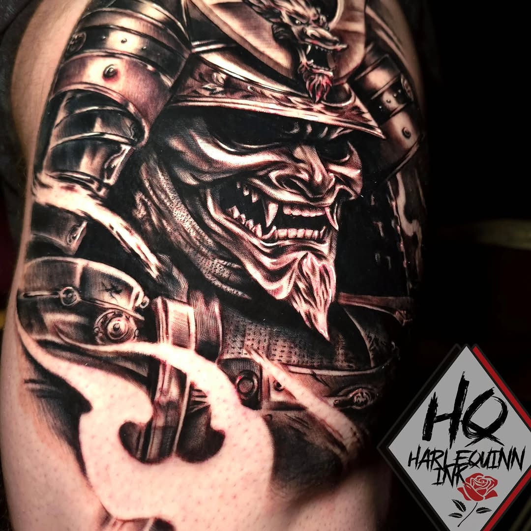 Samurai mask with dragon Japanese tattoo on the forearm by HarleQuinn_Ink