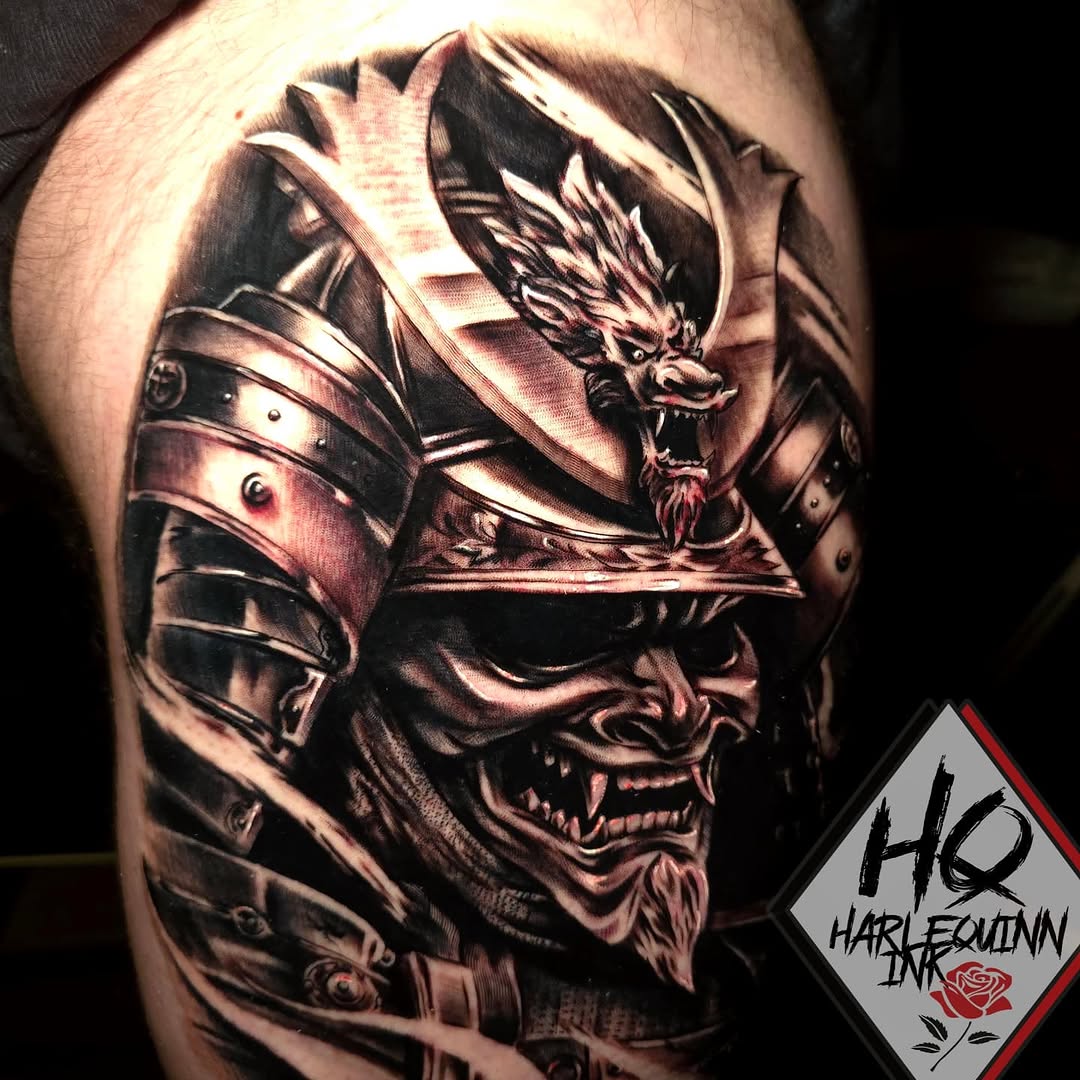 Samurai helmet with dragon Japanese tattoo on the thigh by HarleQuinn_Ink