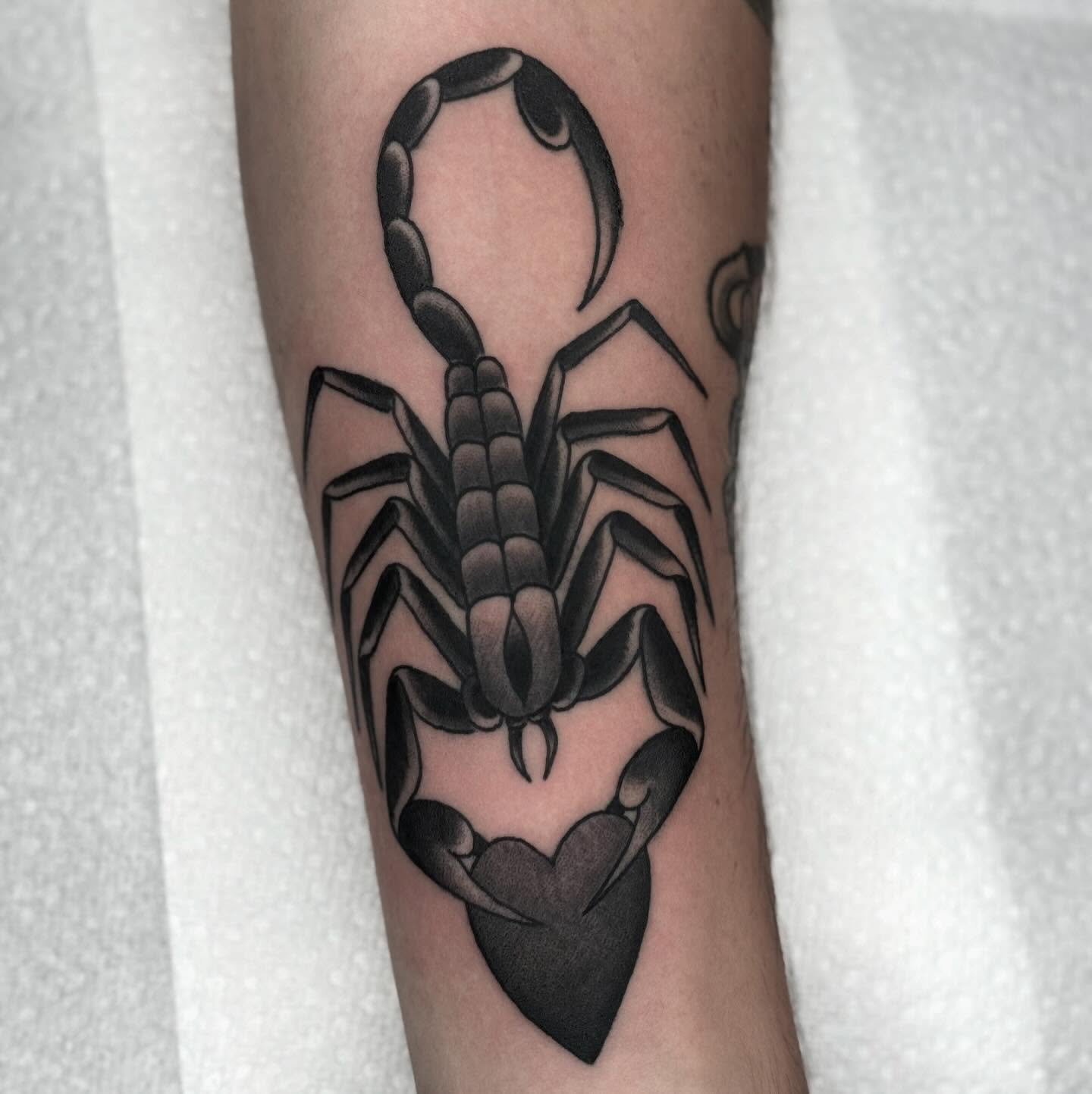 Scorpion black and grey tattoo on the forearm by Domanick Libretti, Nashville, Tennessee