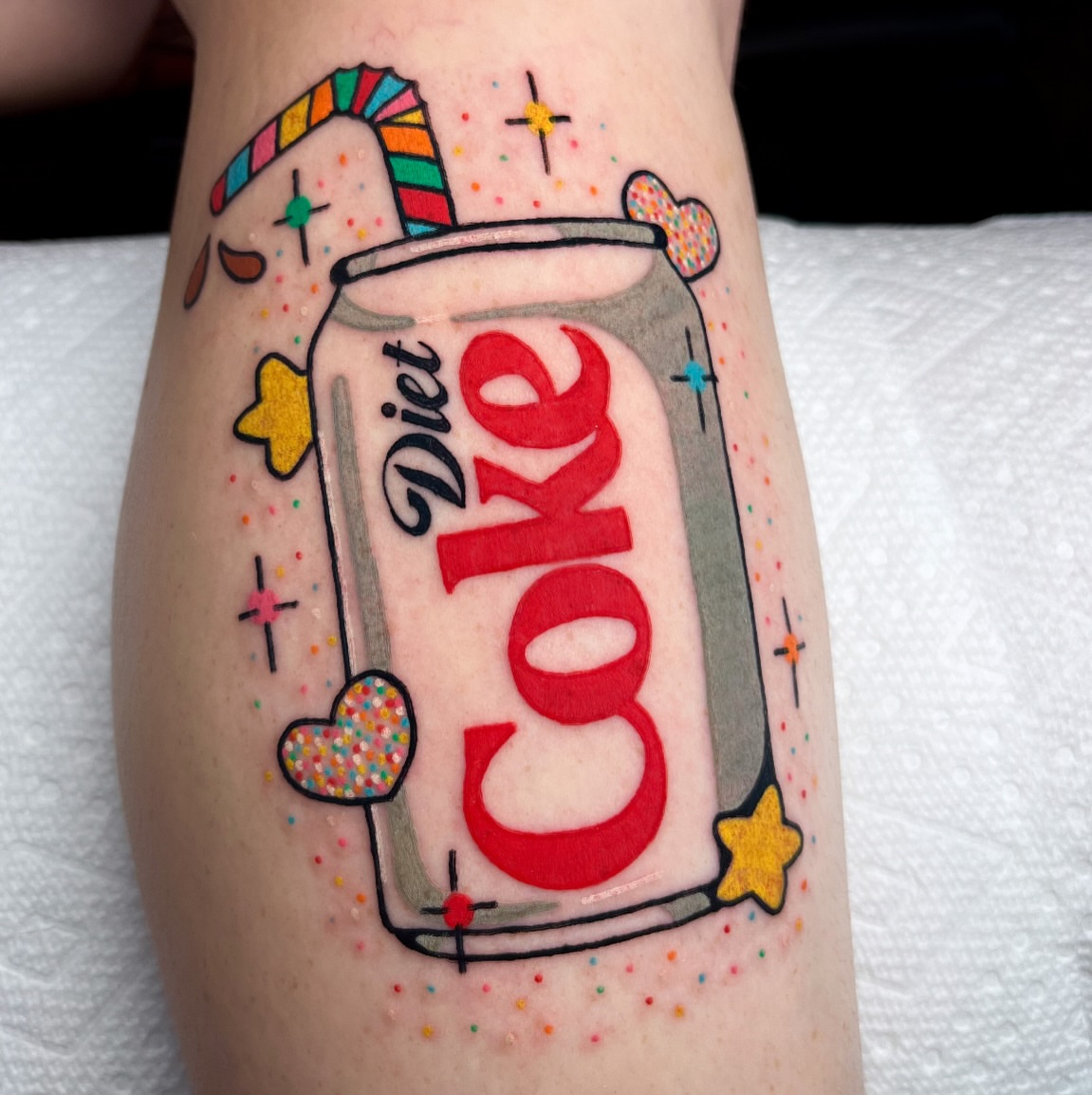 Diet Coke can dotwork tattoo on the forearm by Alena McDonald