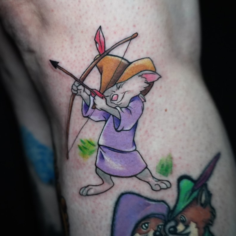 Archer mouse American traditional tattoo on the thigh by Breanna Fraielli