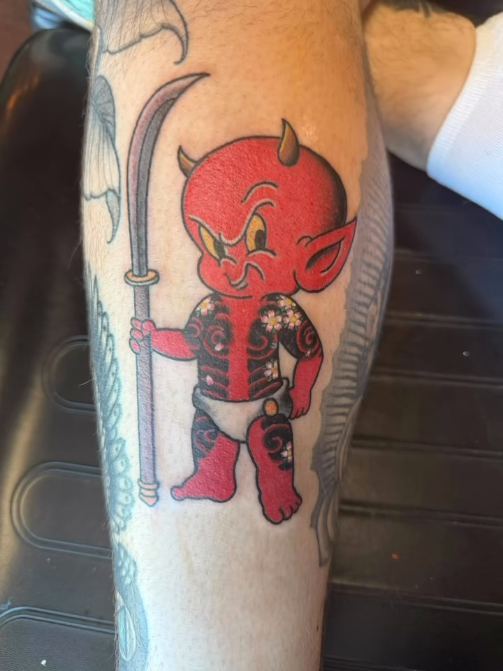 Devil with scythe new school tattoo by Seth Griffin