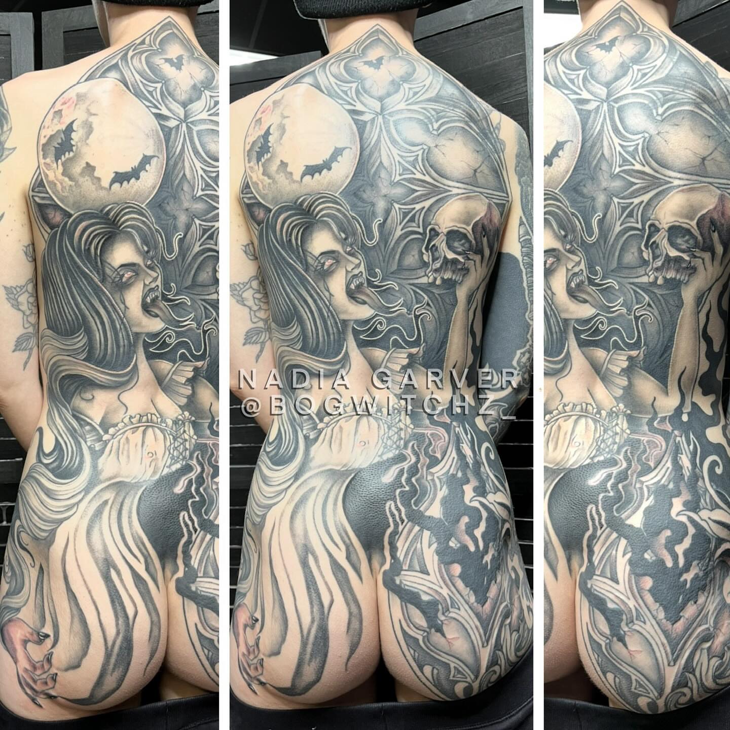 Woman with skull dark realism tattoo on the back by Michigan Tattoo Artist - Nadia Garver, Clinton Township, Michigan