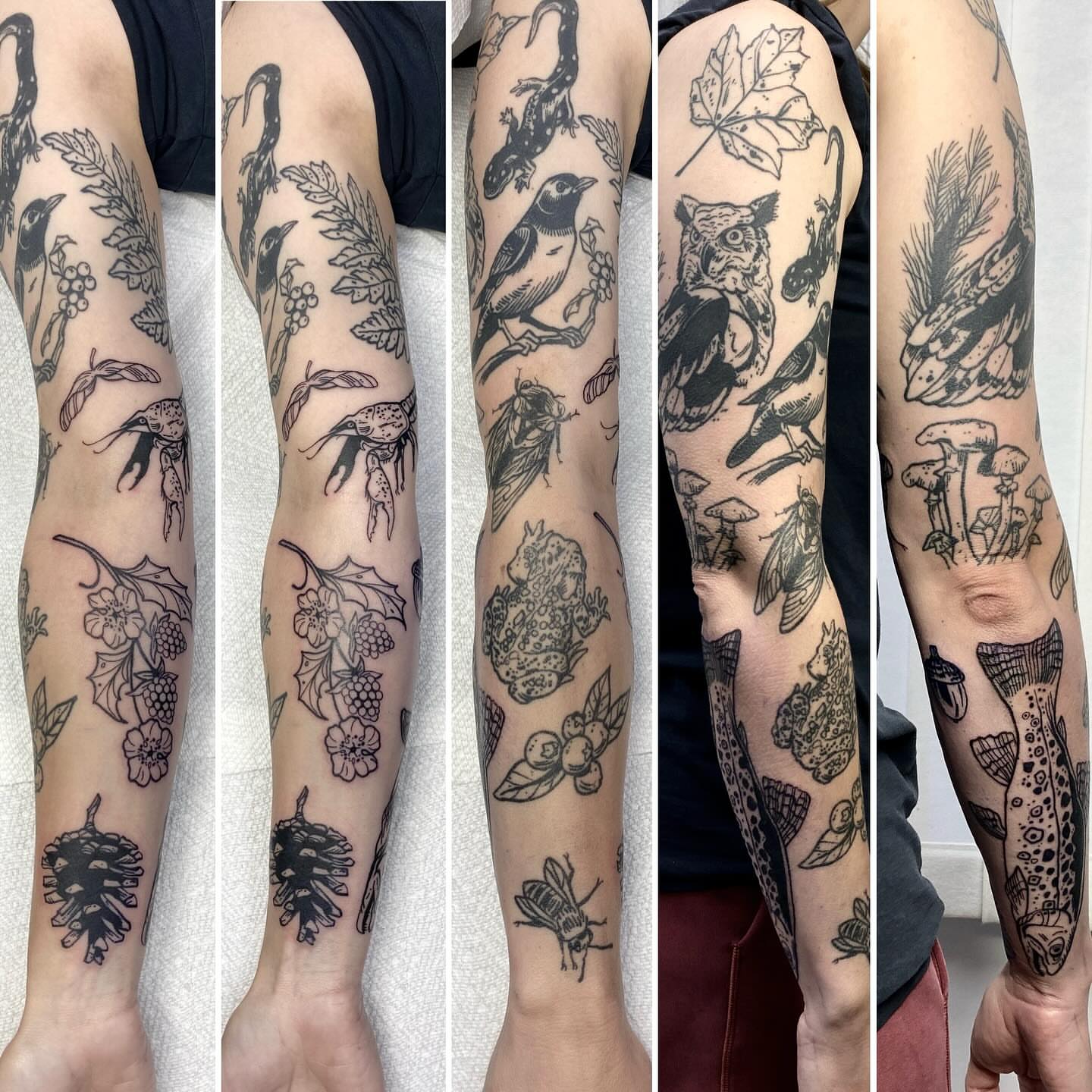 Forest wildlife black and grey tattoo on the forearm by Mike Gorman - Portland Maine Tattoo Artist, Portland, Maine