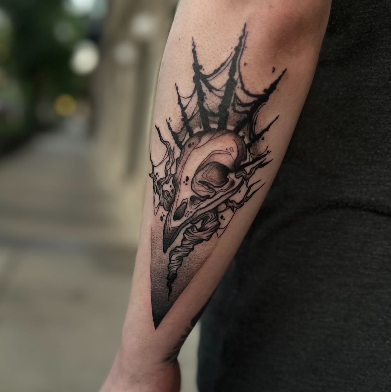 Skull black and grey tattoo on the forearm by Abigail Rae