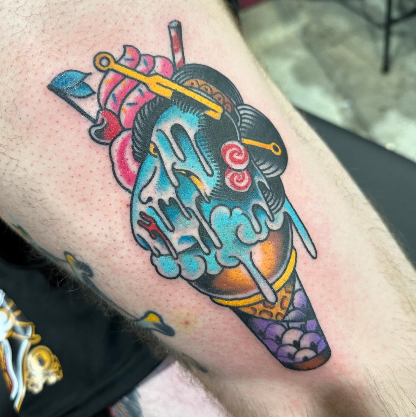Geisha mask American traditional tattoo on the forearm by Tony Medellin 7X9X