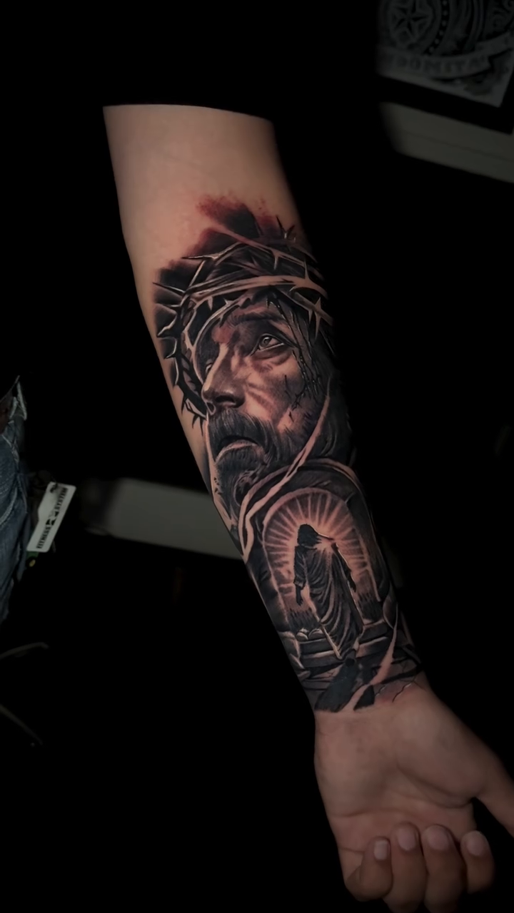 Jesus Christ portrait realism tattoo by “Gonzo