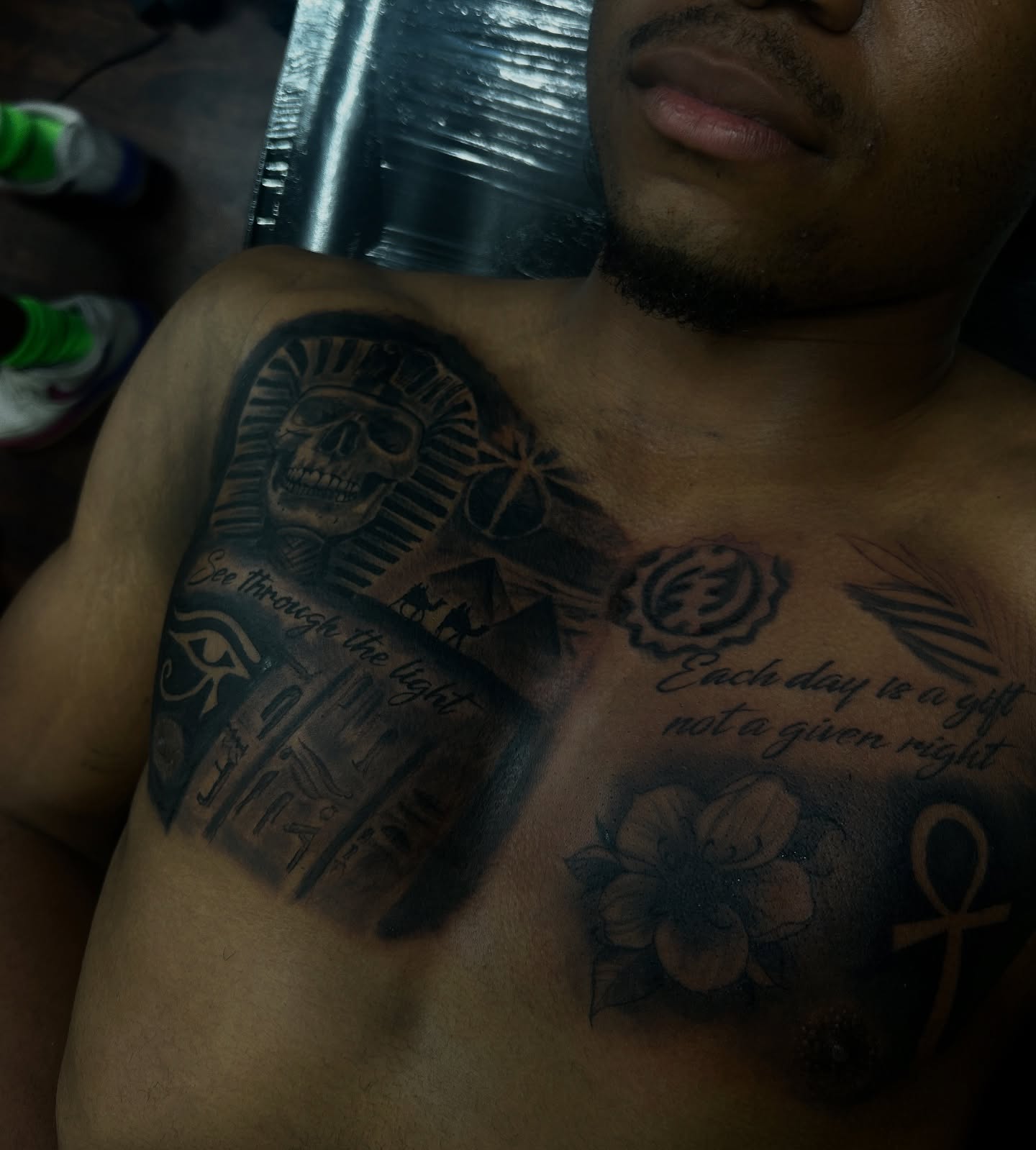 Ancient egyptian theme geometric tattoo on the chest by ๐AK