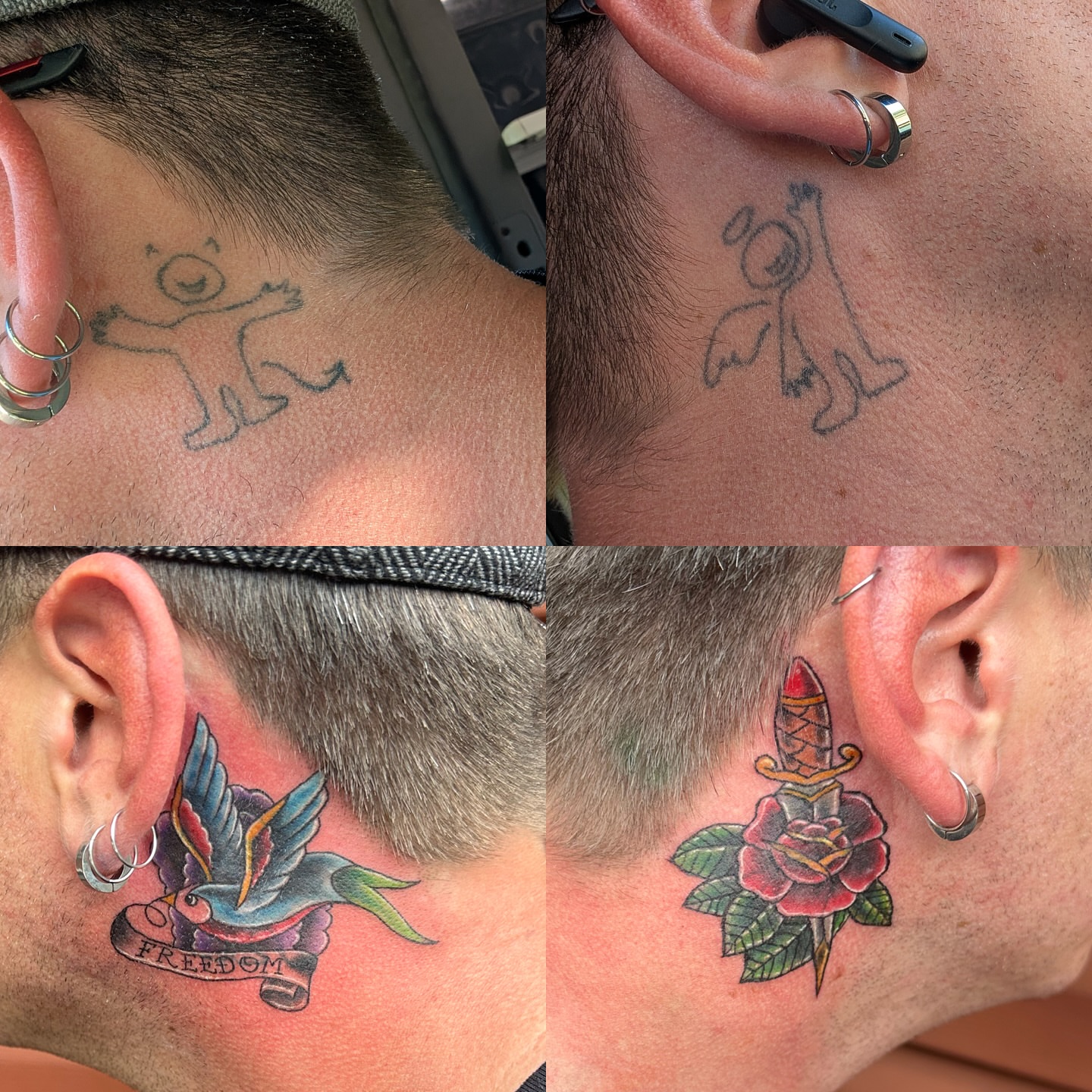 Stick figure American traditional tattoo on the neck by Bosco Layne
