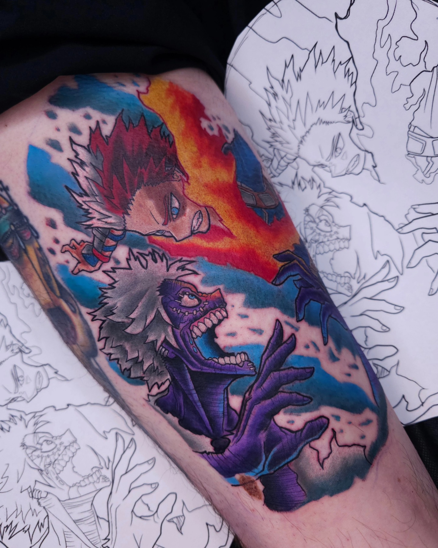 Monster anime tattoo on the thigh by Devan Vankirk