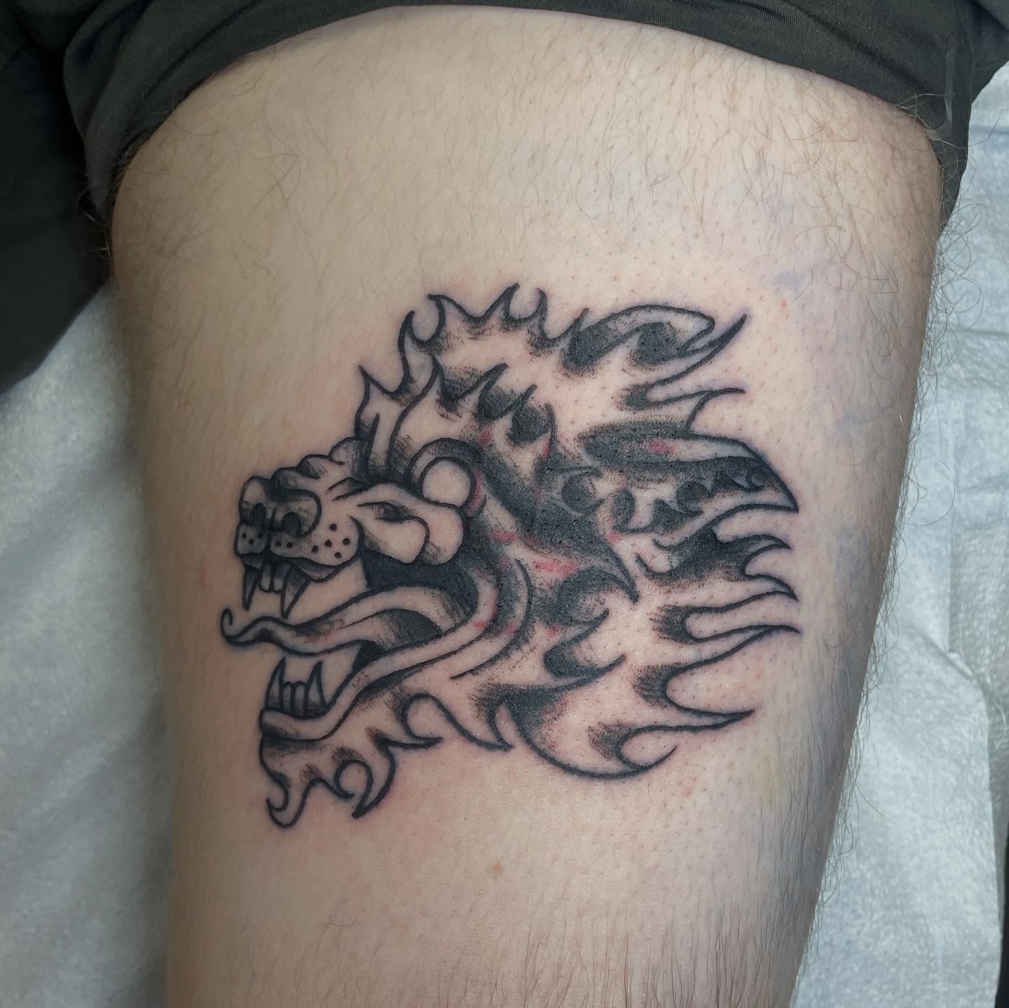 Dragon black and grey tattoo on the thigh by 𓉸ྀི lola hoax tattoos𓉸ྀི