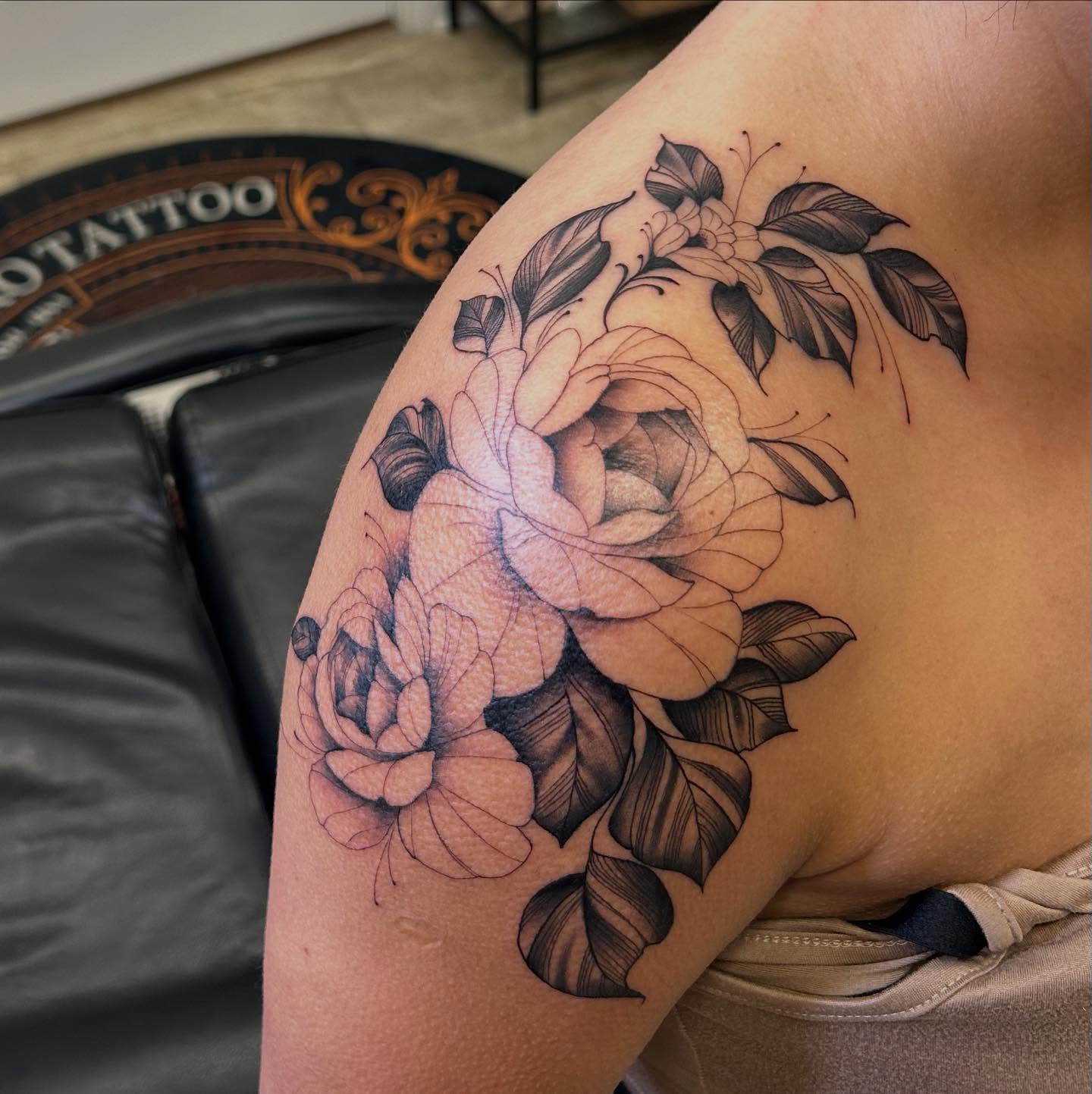 Peony flowers black and grey tattoo on the shoulder by Denis Morello de Castro, South River, New Jersey