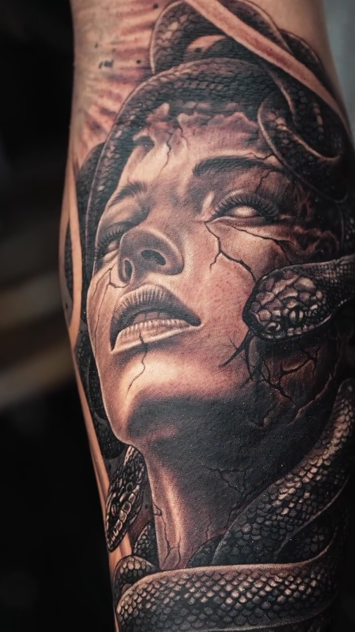 Medusa with snakes realism tattoo by Duniel Garcia