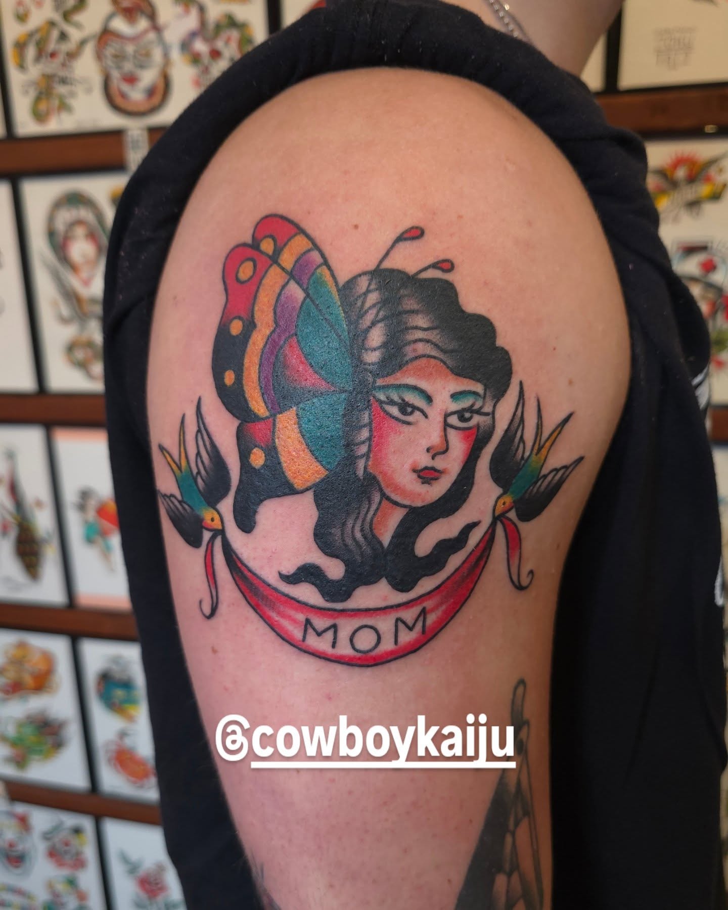 Woman with butterfly wings American traditional tattoo on the shoulder by Jared Green