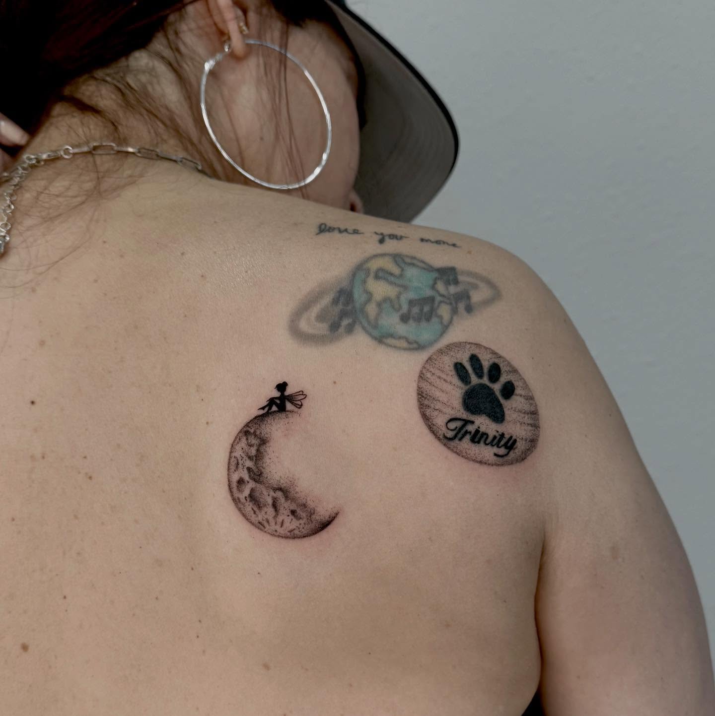 Moon fairy dotwork tattoo on the shoulder by Las Vegas Tattoo Artist