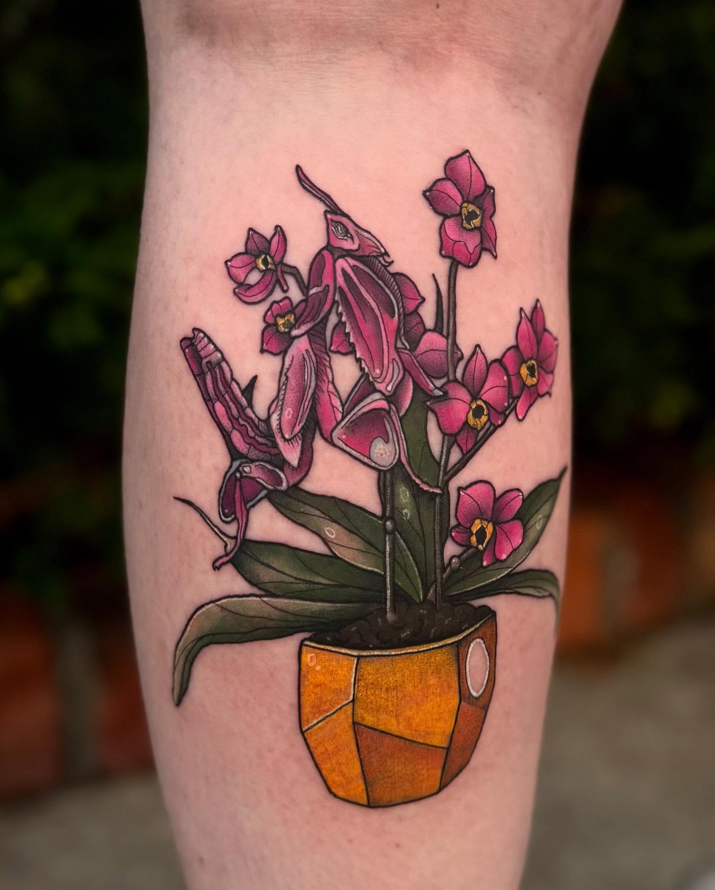 Orchid bouquet geometric tattoo on the forearm by Isabel Smith🦋🕷️