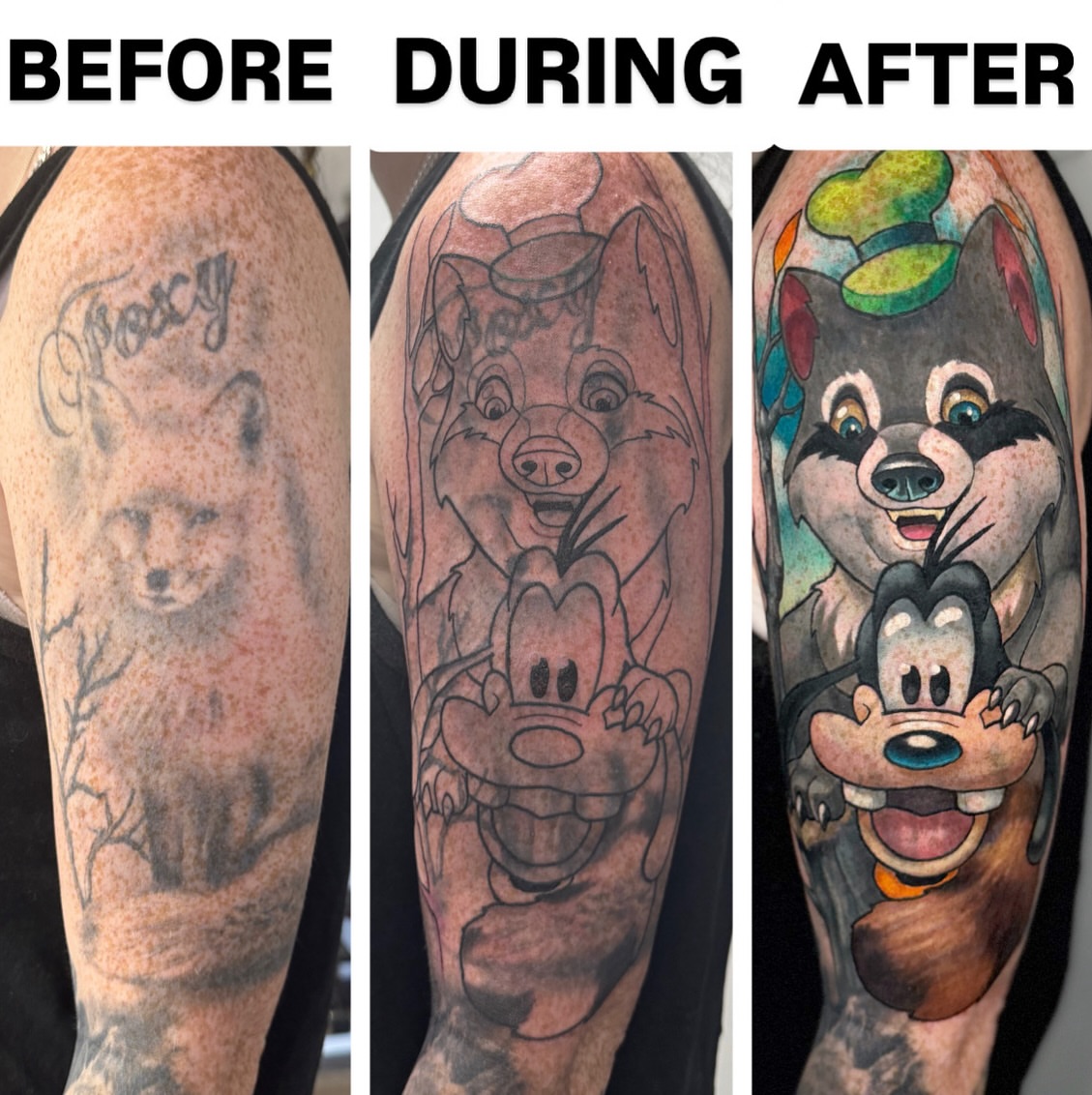 Cartoon characters new school tattoo on the forearm by Kevin Boudreau Newschool Tattoos