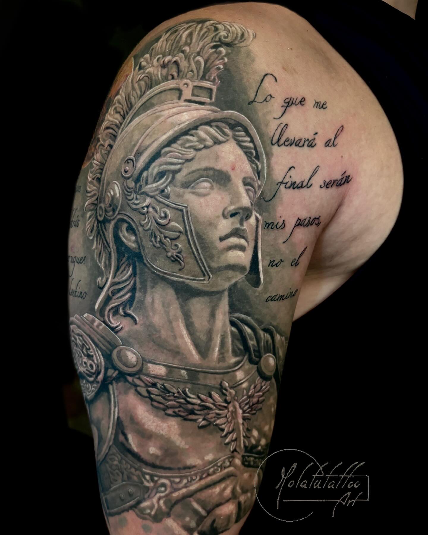 Roman warrior realism tattoo on the shoulder by Molatutattoo