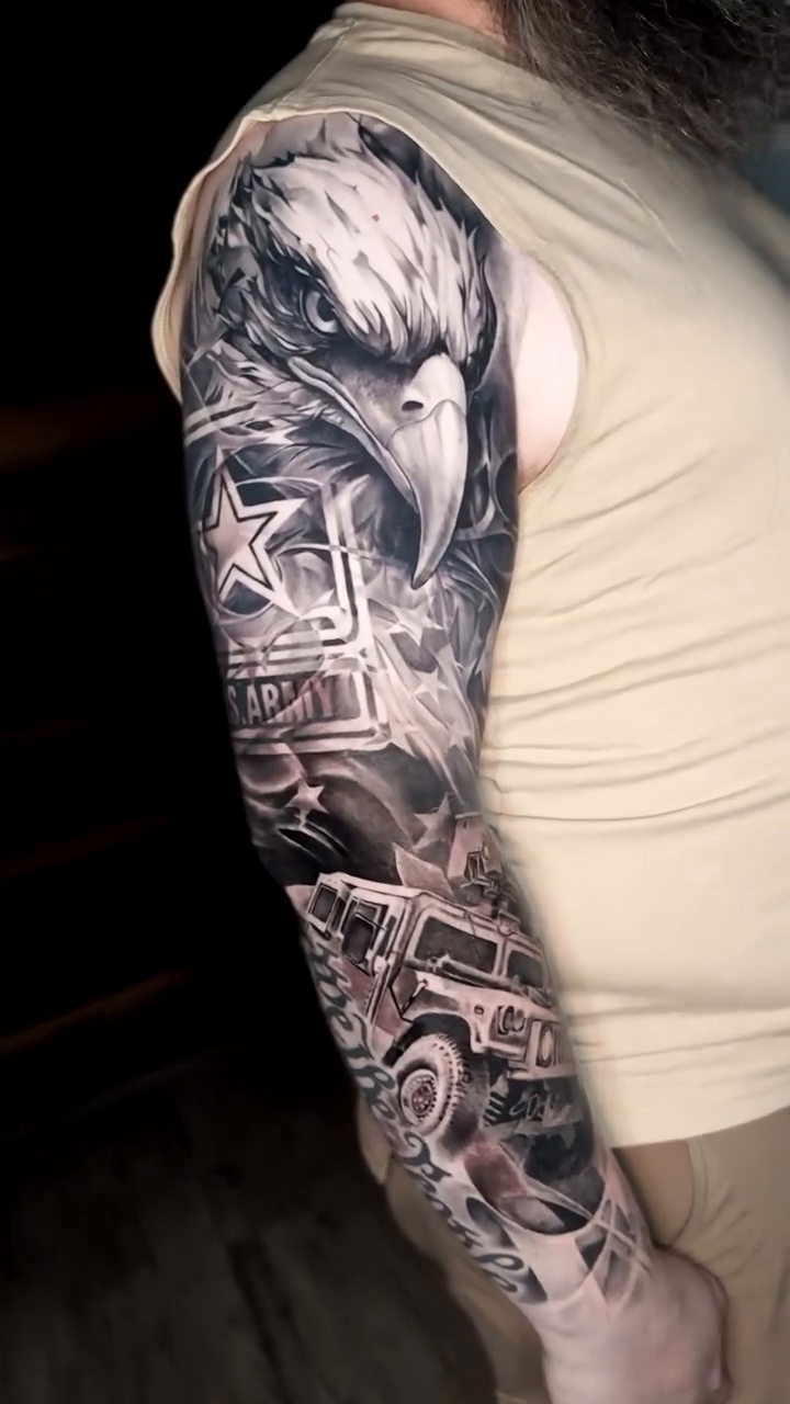 Eagle and military elements sleeve realism tattoo by Noelin Wheeler