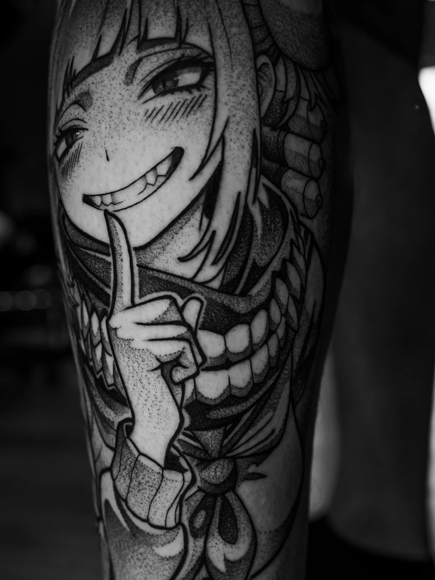 Anime character dotwork tattoo on the forearm by Craig St Peter, Kansas City, Missouri