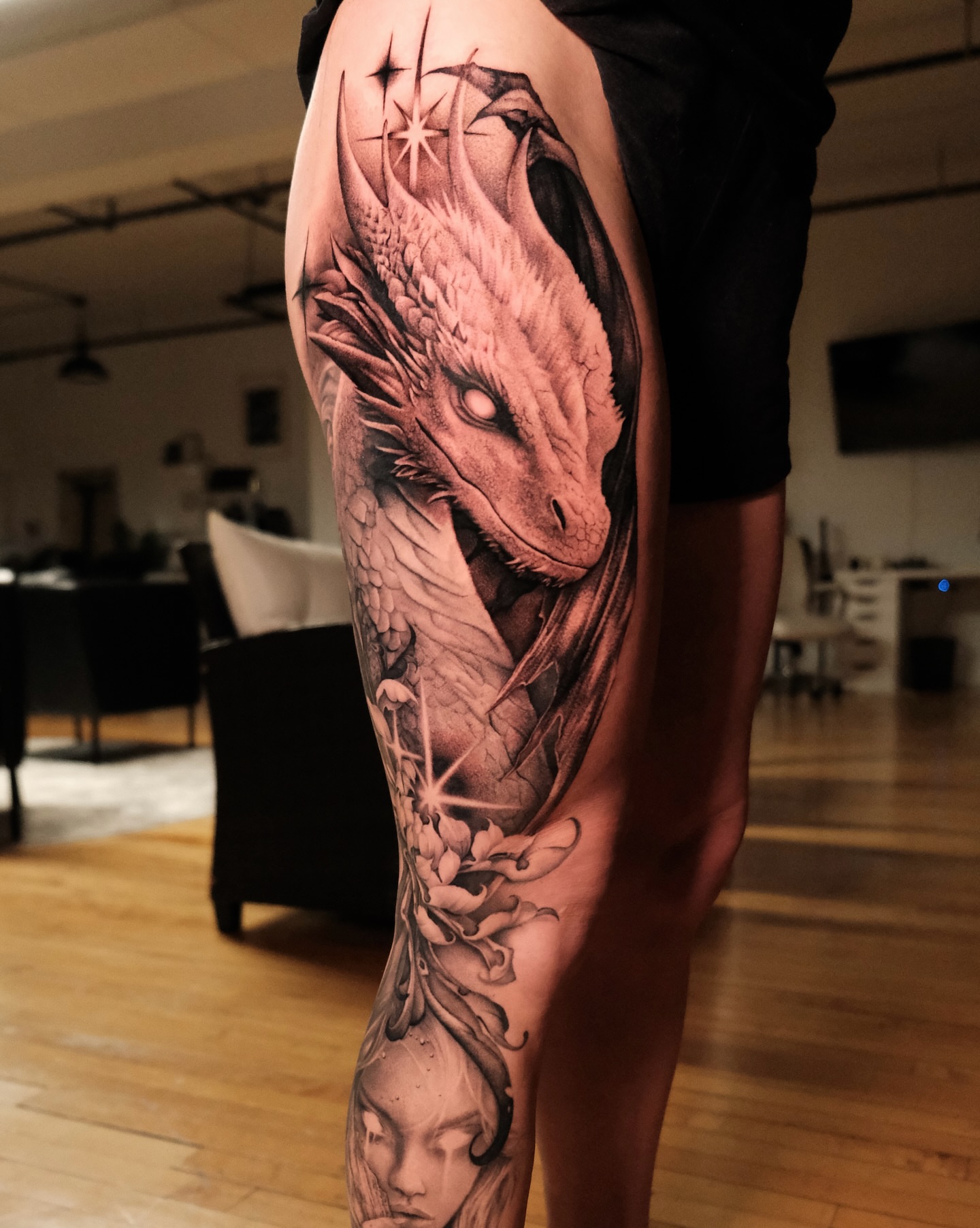 Dragon and woman Japanese tattoo on the thigh by Ohio Tattoo Artist - Tehya Maxwell, Springfield, Ohio