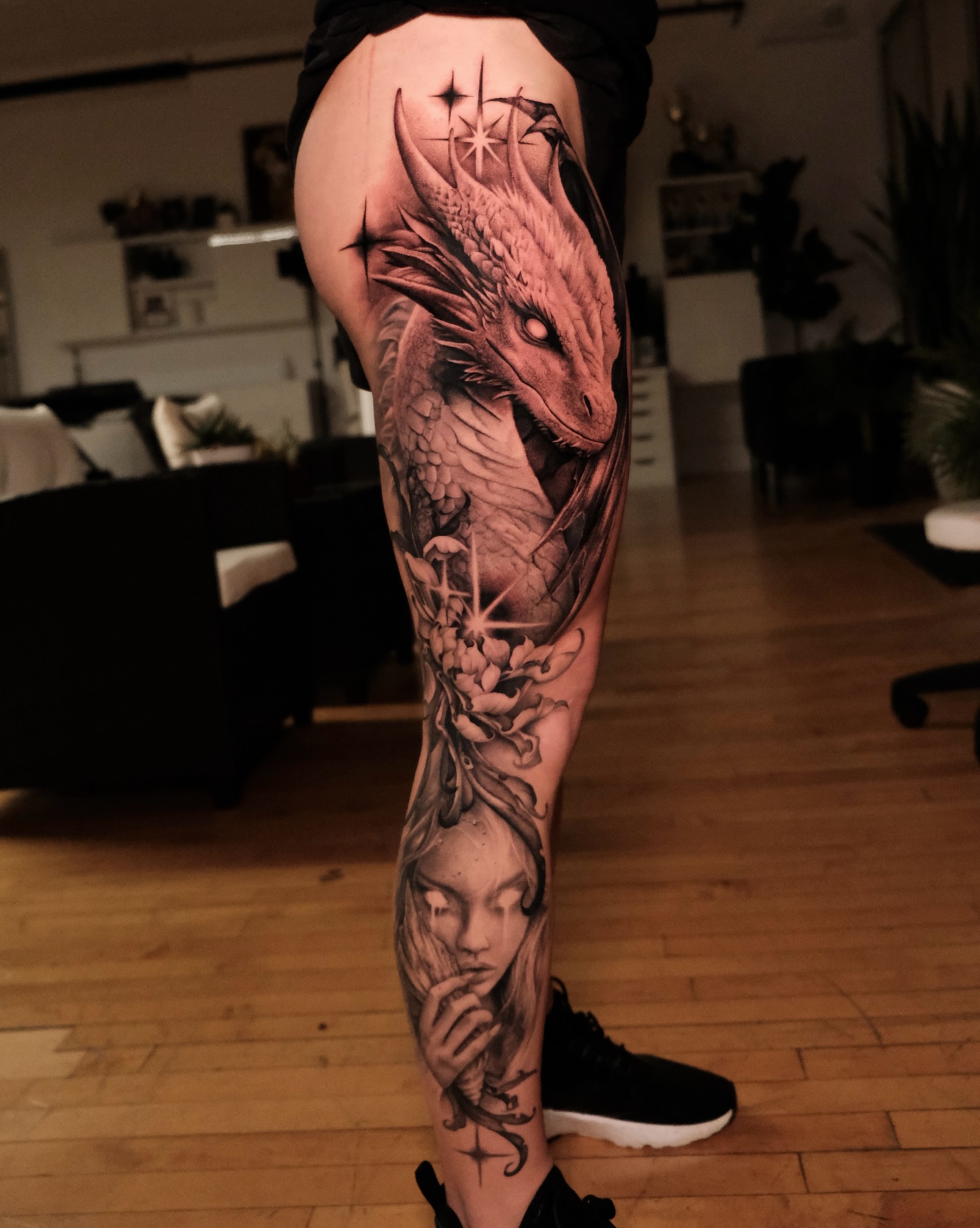 Dragon and woman portrait Japanese tattoo on the leg by Ohio Tattoo Artist - Tehya Maxwell, Springfield, Ohio