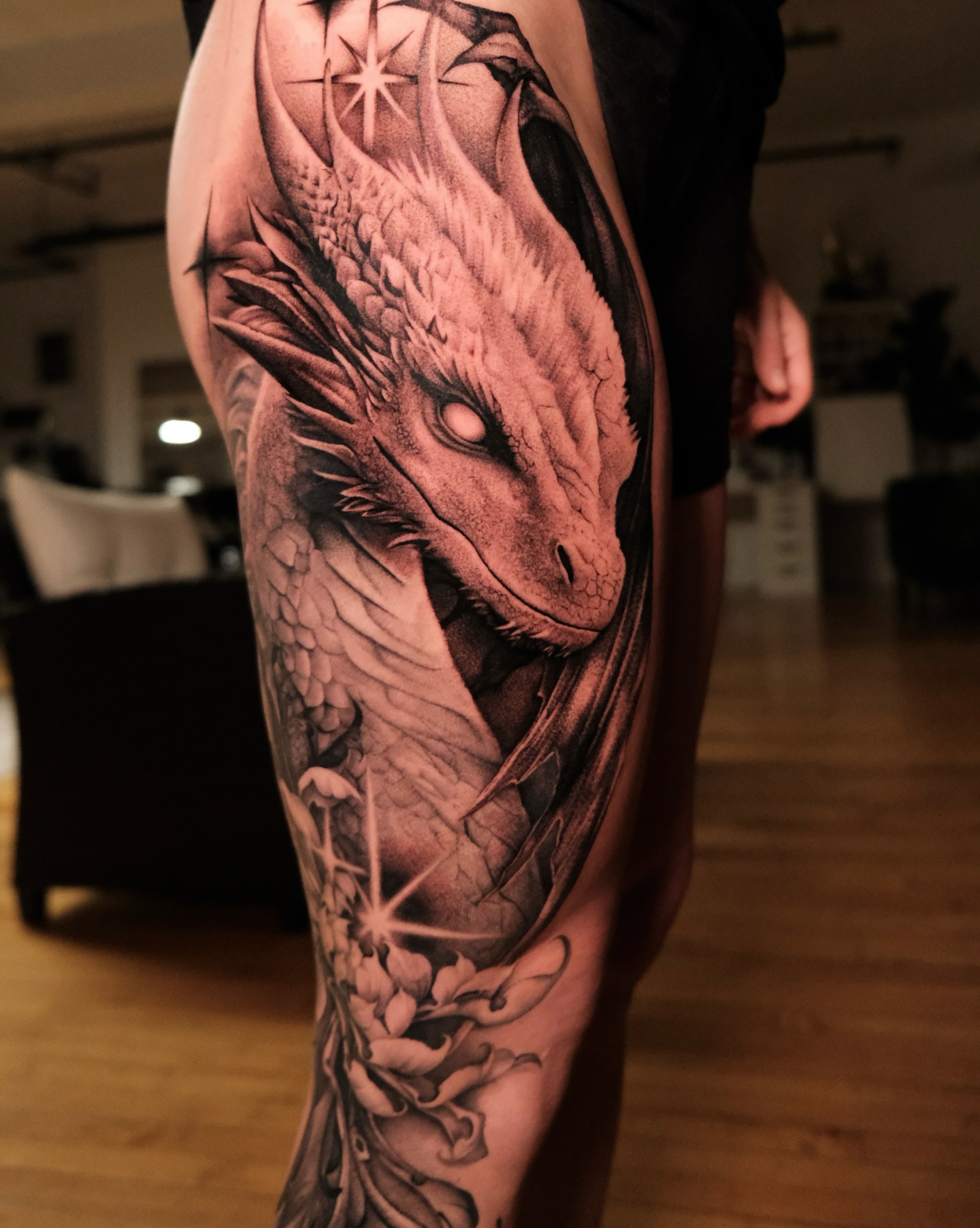 Dragon and flowers Japanese tattoo on the thigh by Ohio Tattoo Artist - Tehya Maxwell, Springfield, Ohio