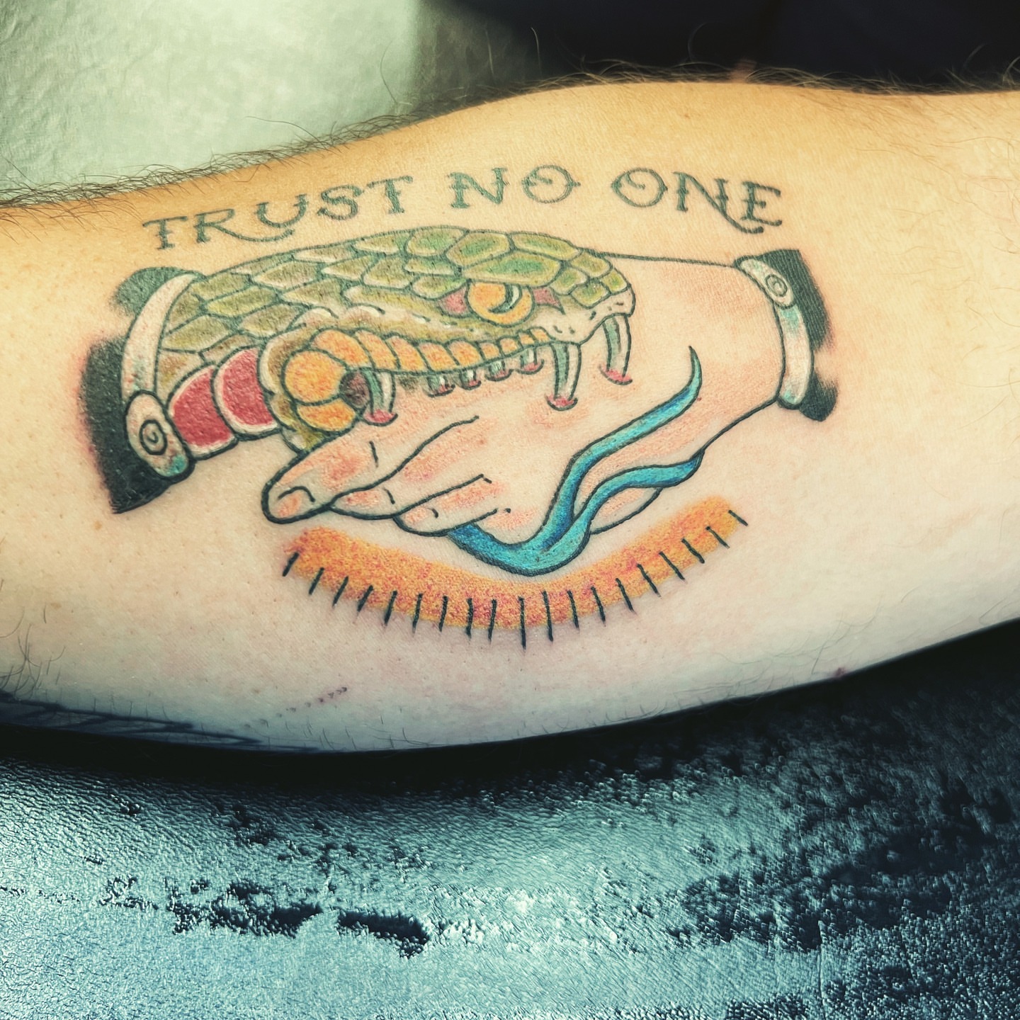 Snake and hand American traditional tattoo on the forearm by @lady_raven_tattoo