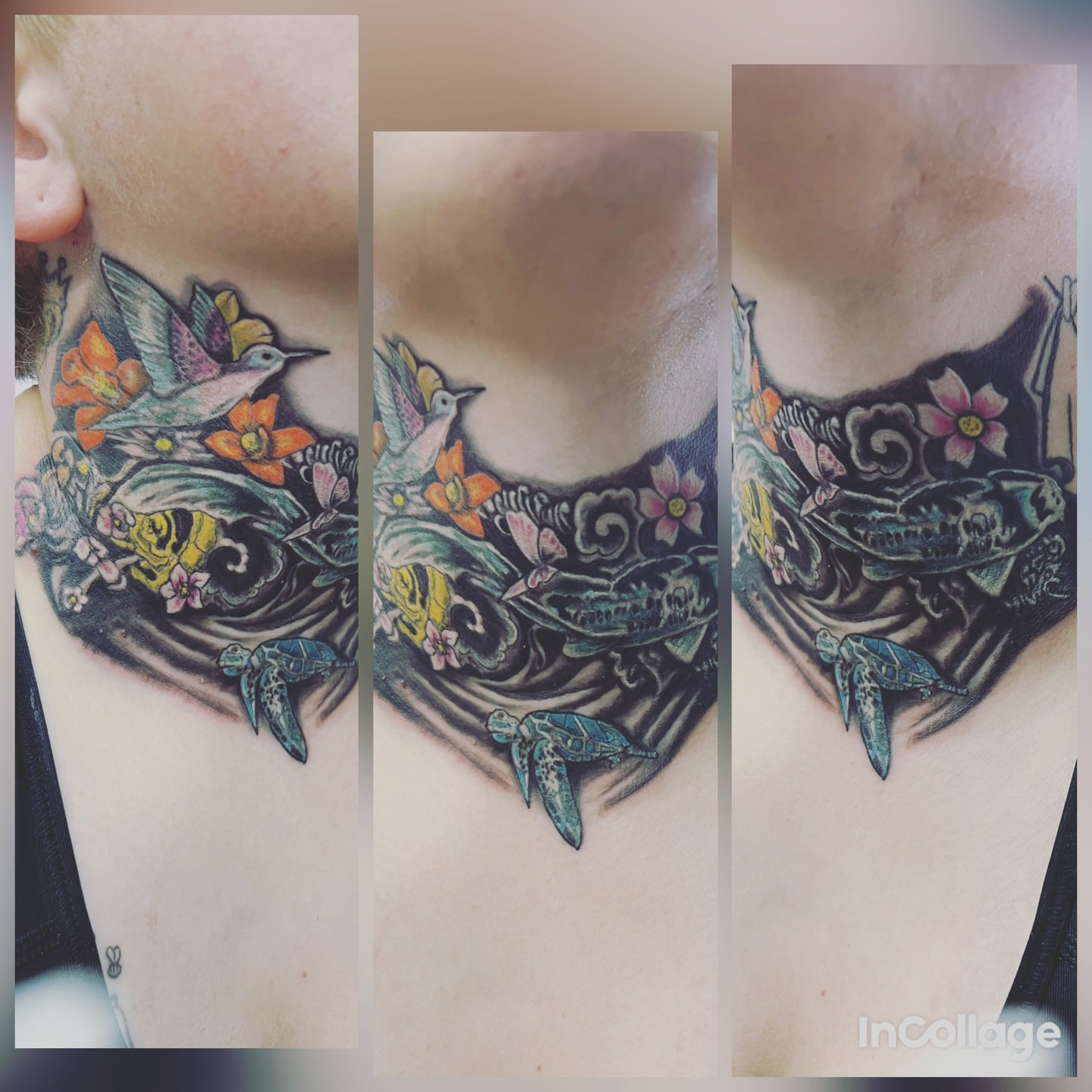 Bird and floral American traditional tattoo on the chest by @lady_raven_tattoo