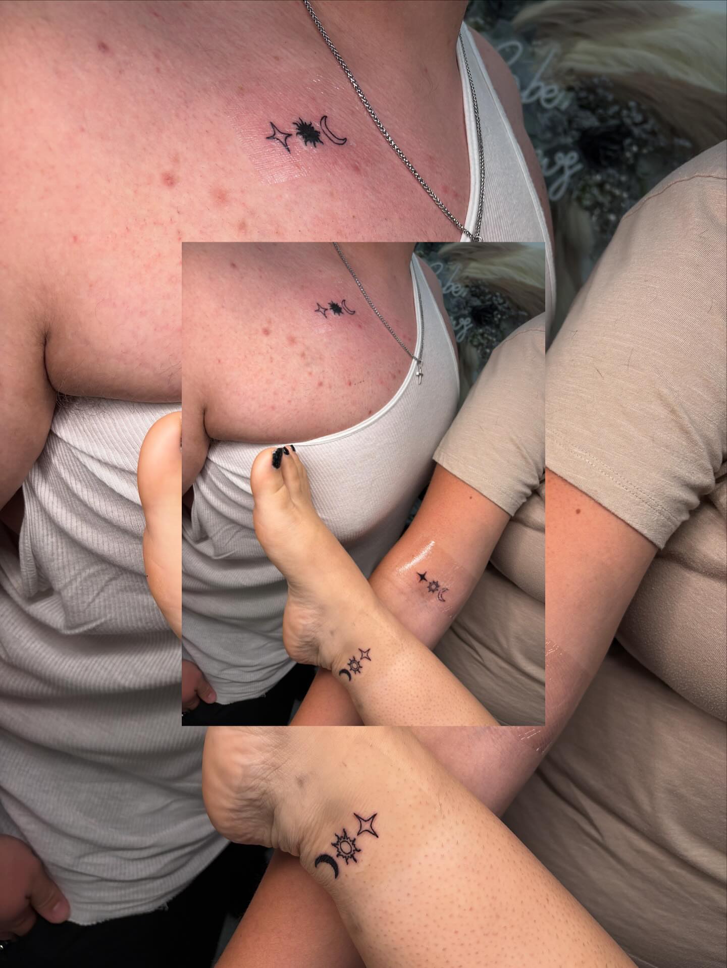 Stars and crescent moon dotwork tattoo on the chest by Victoria Cooper