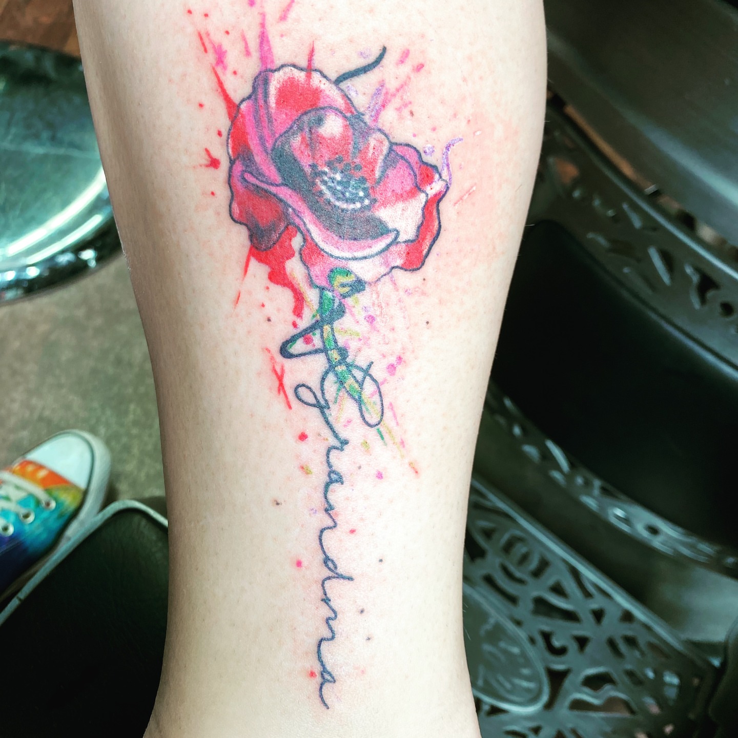 Watercolor rose watercolor tattoo on the forearm by @lady_raven_tattoo