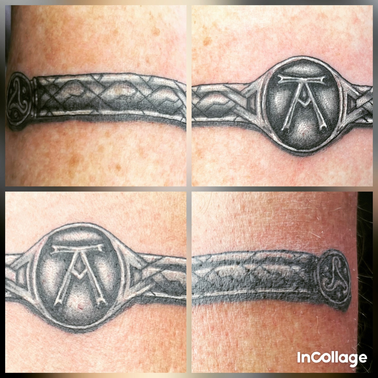 Ring with letter 'A' black and grey tattoo on the forearm by @lady_raven_tattoo
