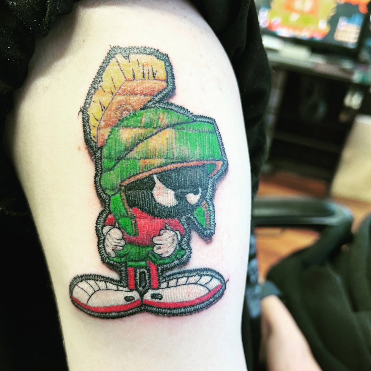 Marvin the Martian American traditional tattoo on the upper arm by @lady_raven_tattoo