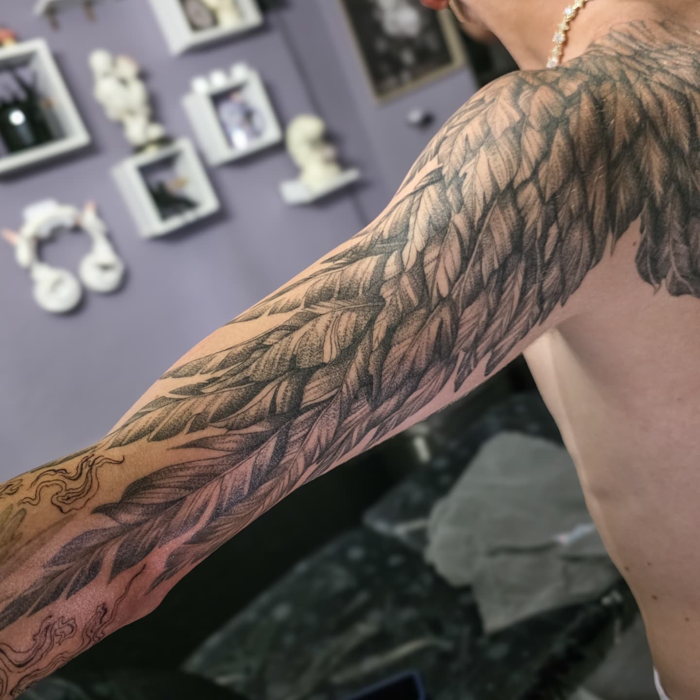 Feather dotwork tattoo on the forearm by Utah Tattoo Artist