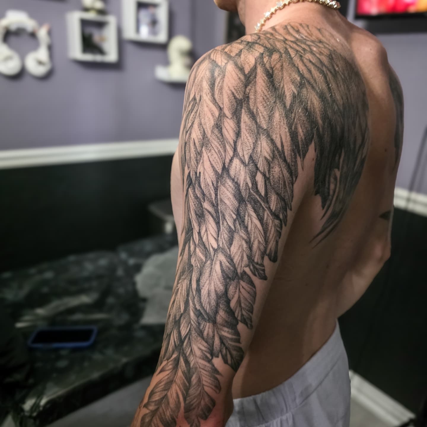 Wing dotwork tattoo on the shoulder by Utah Tattoo Artist