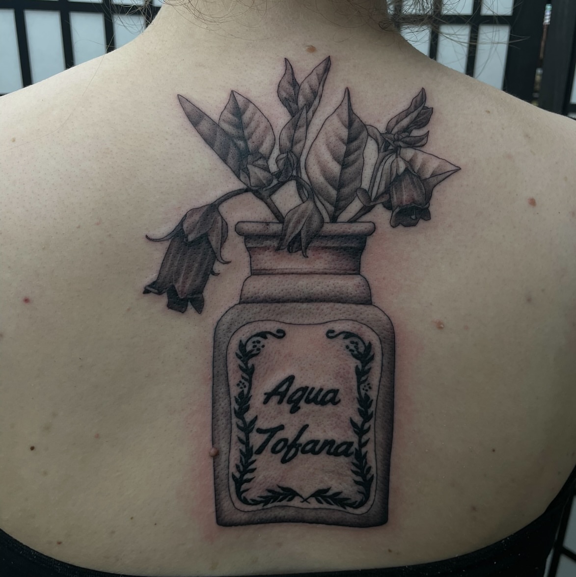 Aqua Tofana bottle black and grey tattoo on the back by kaylee