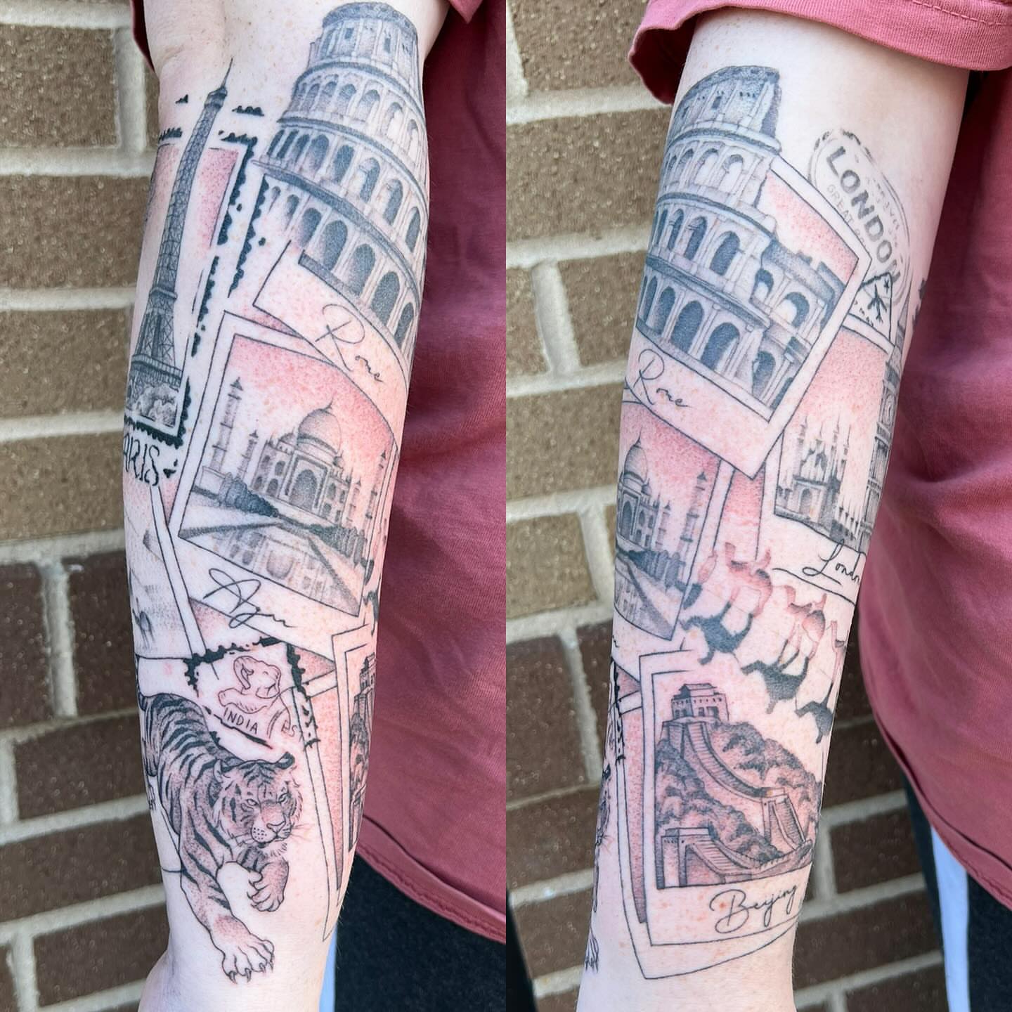 World landmarks realism tattoo on the forearm by l y n d s e y r i c k e t t s