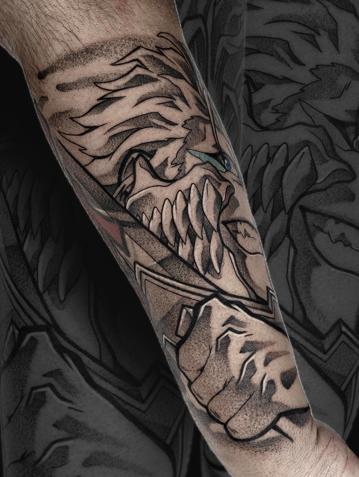 Tiger black and grey tattoo on the forearm by Danny, San Luis Obispo, California
