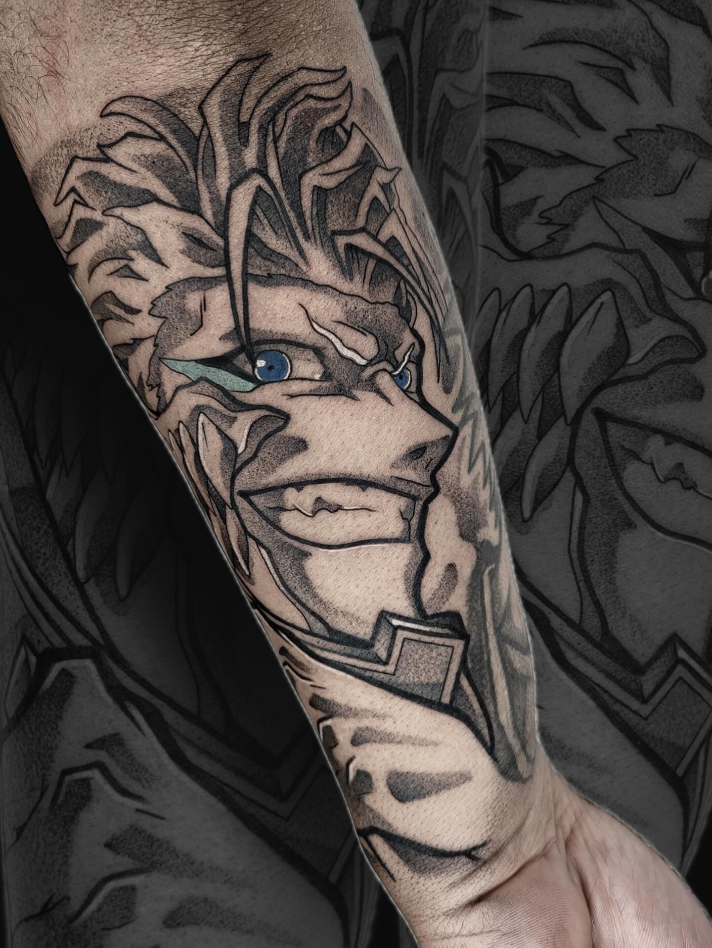 Anime character anime tattoo on the forearm by Danny, San Luis Obispo, California