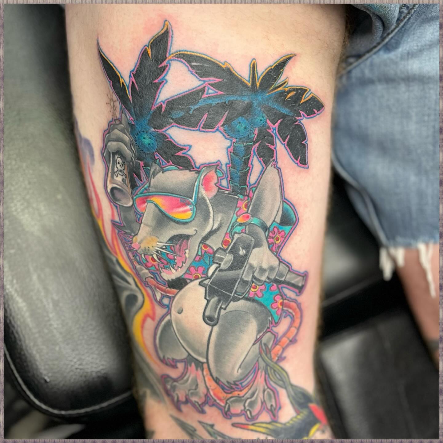 Motorcycle rider American traditional tattoo on the thigh by scottyjstattoos
