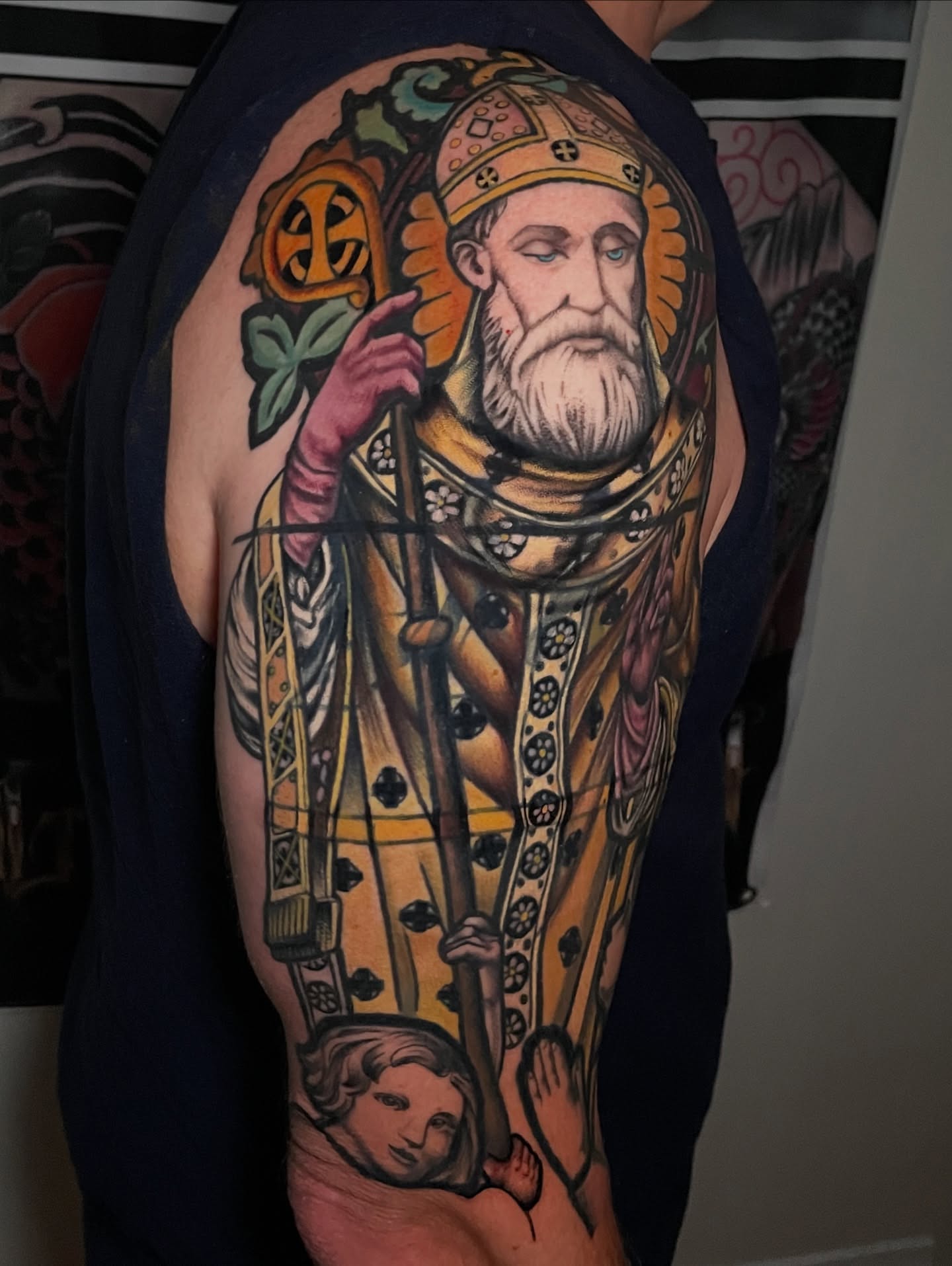 Religious figure American traditional tattoo on the forearm by Kimberly Parton- Chapel Hill Tattooer, Chapel Hill, North Carolina