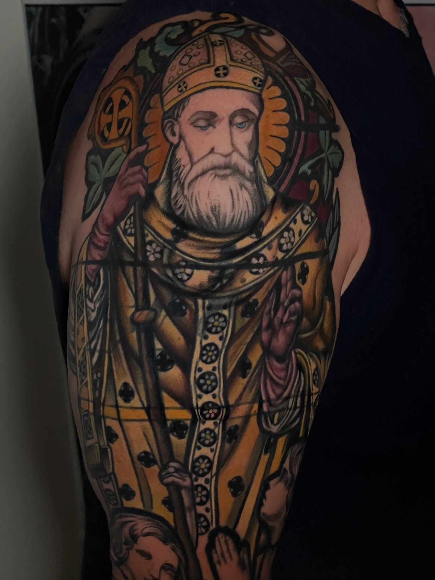 Religious figure American traditional tattoo on the upper arm by Kimberly Parton- Chapel Hill Tattooer, Chapel Hill, North Carolina