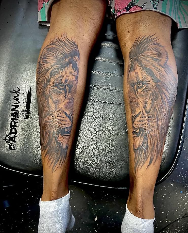 Lion realism tattoo on the calf by Adrian Shan Carr