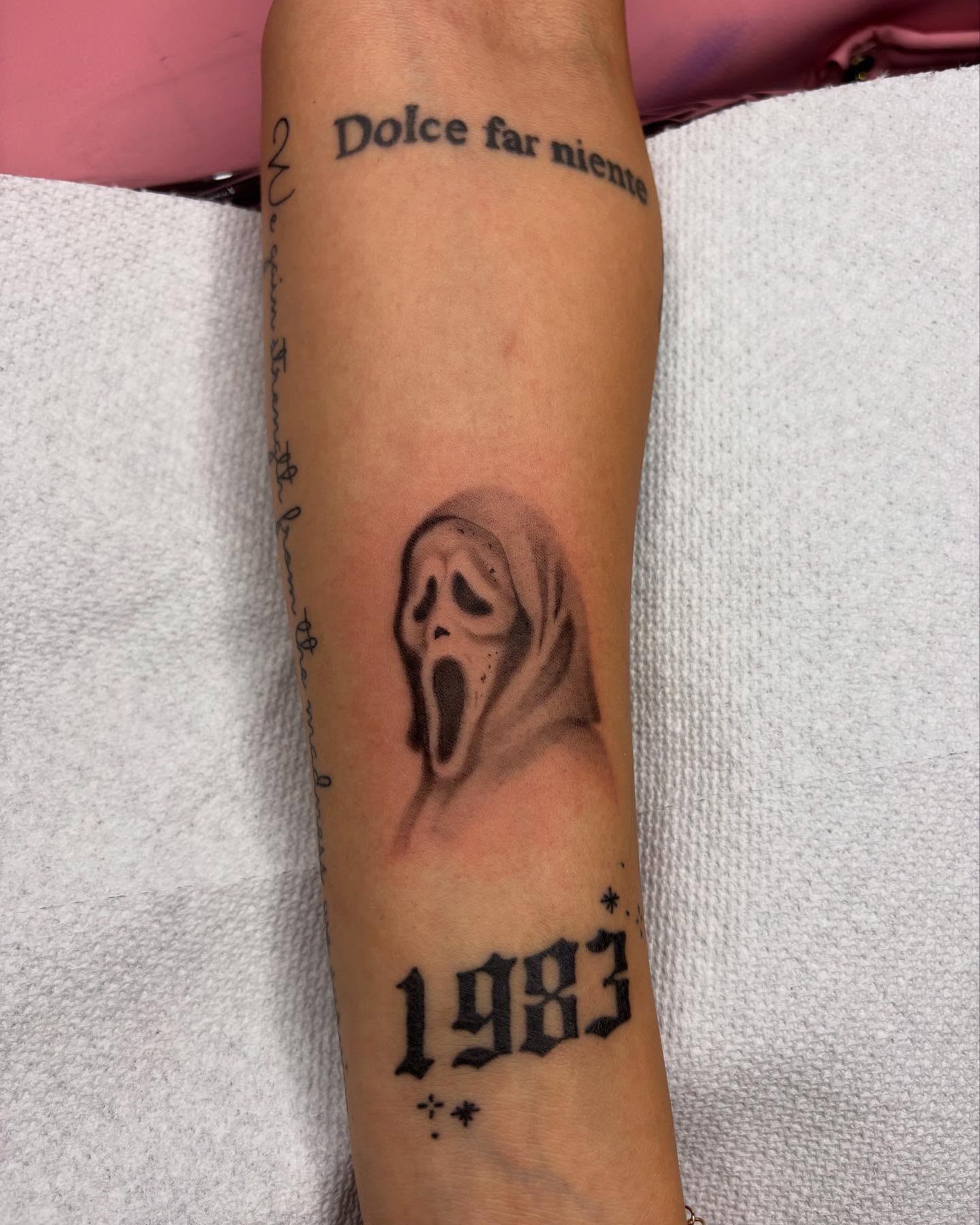 Scream ghost realism tattoo on the forearm by kylie