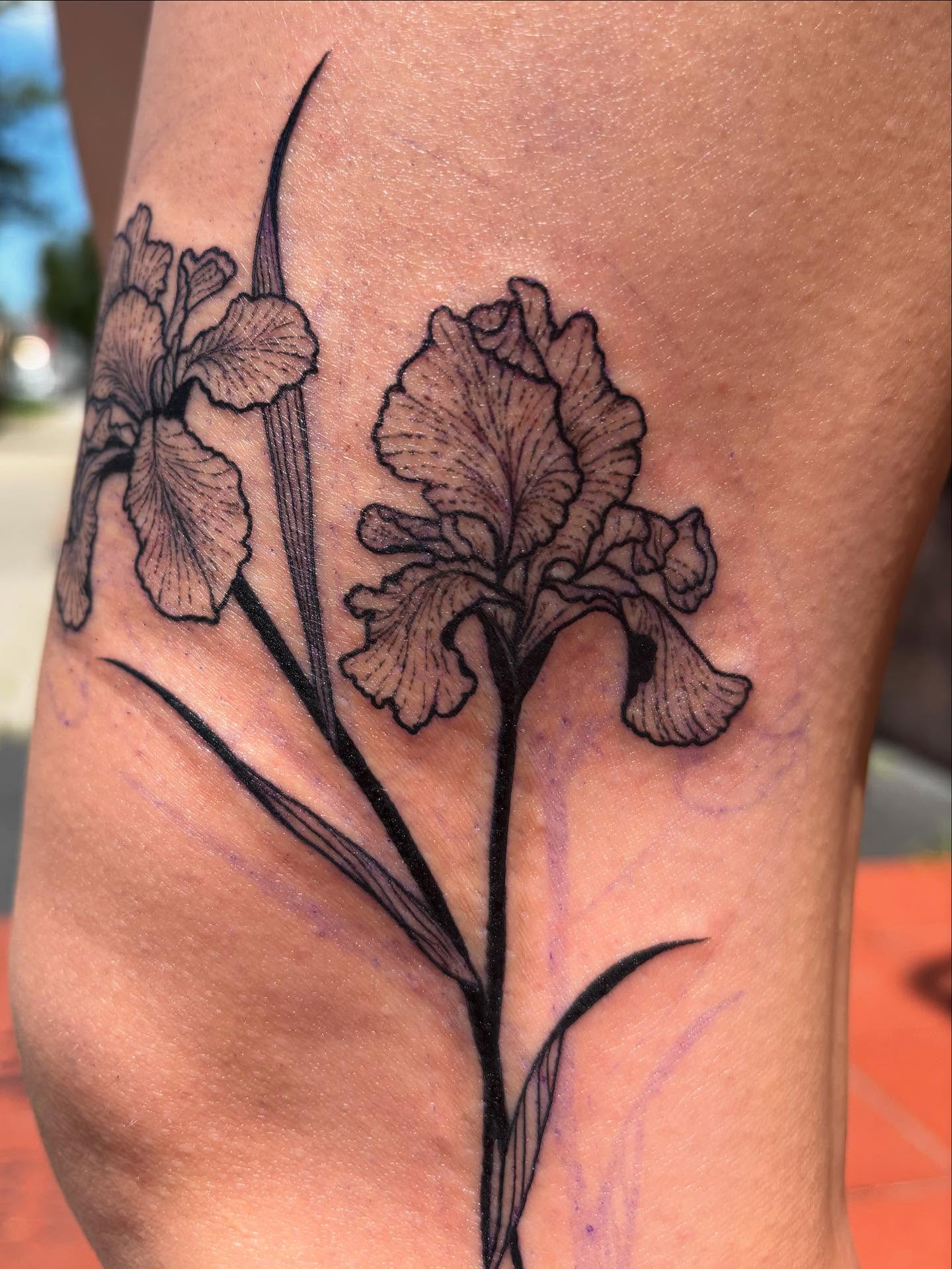 Iris flowers black and grey tattoo on the thigh by Anna Kathleen, Des Moines, Iowa